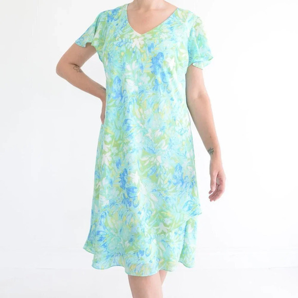 Vintage Soft Works Green and Blue Floral Sun Dress Size 14 - Picture 1 of 13